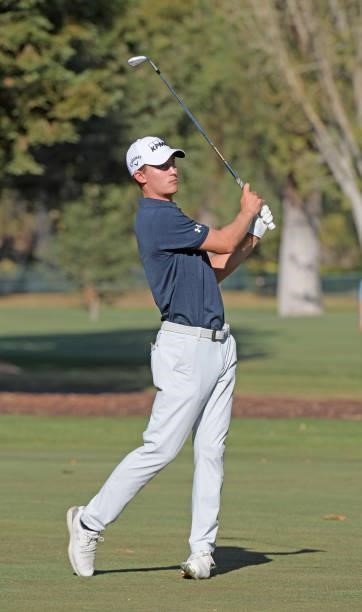 Maverick McNealy plays his second shot on the 13th hole during the final round of the Fortinet Championship at Silverado Resort and Spa North on...