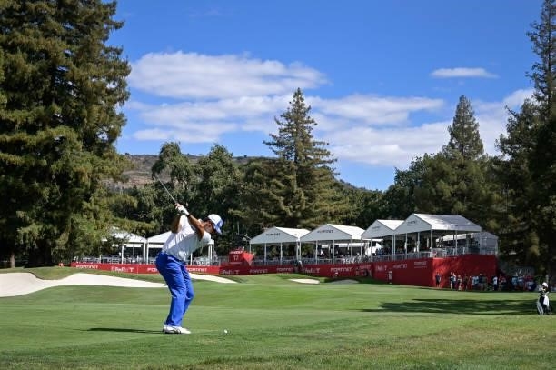Hideki Matsuyama of Japan plays his second shot on the 17th hole during the final round of the Fortinet Championship at Silverado Resort and Spa...