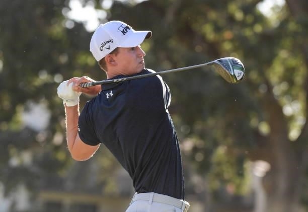 Maverick McNealy plays his tee shot on the 14th hole during the final round of the Fortinet Championship at Silverado Resort and Spa North on...