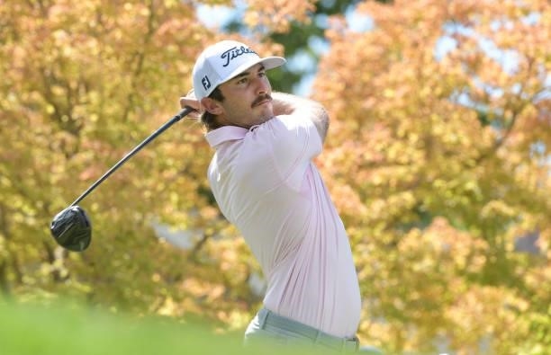 Max Homa plays his tee shot on the first hole during the final round of the Fortinet Championship at Silverado Resort and Spa North on September 19,...