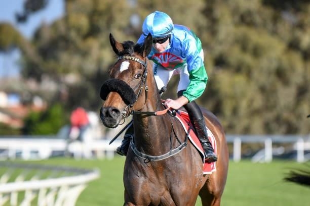 Puckapunyal ridden by Declan Bates returns to scale after winning the Cabinets & Stone BM64 Handicap at Horsham Racecourse on September 20, 2021 in...
