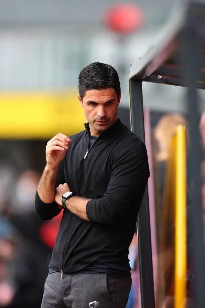 Mikel Arteta the head coach / manager of Arsenal during the Premier League match between Burnley and Arsenal at Turf Moor on September 18, 2021 in...