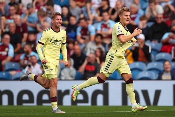 Martin Odegaard of Arsenal celebrates after scoring a goal to make it 0-1 during the Premier League match between Burnley and Arsenal at Turf Moor on...