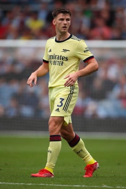 Kieran Tierney of Arsenal during the Premier League match between Burnley and Arsenal at Turf Moor on September 18, 2021 in Burnley, England.