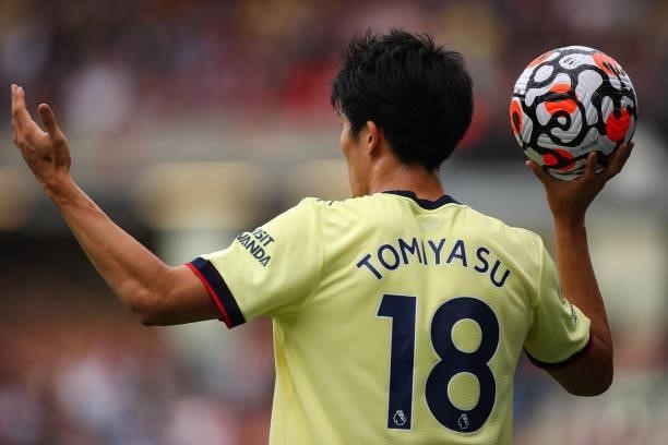 Takehiro Tomiyasu of Arsenal during the Premier League match between Burnley and Arsenal at Turf Moor on September 18, 2021 in Burnley, England.