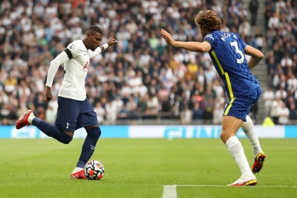 Emerson Royal of Tottenham Hotspur and Marcos Alonso of Chelsea during the Premier League match between Tottenham Hotspur and Chelsea at Tottenham...