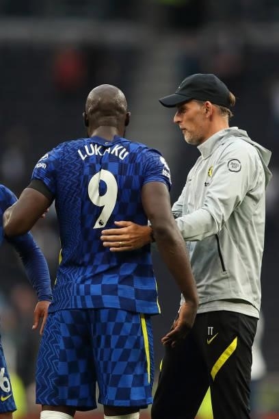 Romelu Lukaku of Chelsea and Thomas Tuchel the manager / head coach of Chelsea during the Premier League match between Tottenham Hotspur and Chelsea...