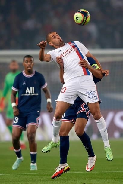 Islam Slimani of Olympique Lyonnais controls the ball during the Ligue 1 Uber Eats match between Paris Saint Germain and Lyon at Parc des Princes on...