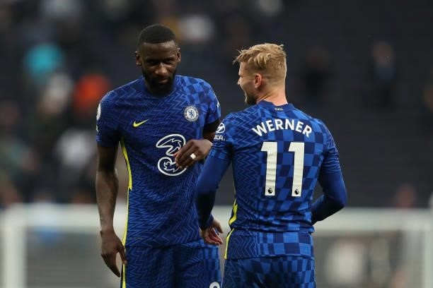 Antonio Rudiger and Timo Werner of Chelsea at full time of the Premier League match between Tottenham Hotspur and Chelsea at Tottenham Hotspur...