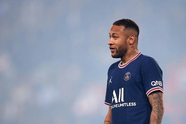 Neymar of PSG reacts during the Ligue 1 Uber Eats match between Paris Saint Germain and Lyon at Parc des Princes on September 19, 2021 in Paris,...