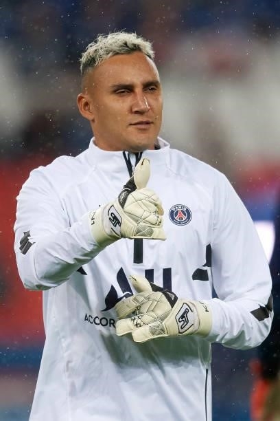 Keylor Navas of PSG during the warm-up before the Ligue 1 Uber Eats match between Paris Saint Germain and Lyon at Parc des Princes on September 19,...