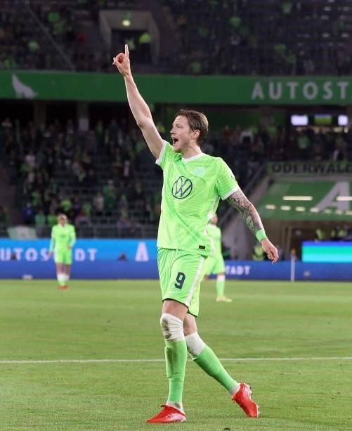 Wolfsburg's Dutch forward Wout Weghorst reacts during the German first division Bundesliga football match VfL Wolfsburg vs Eintracht Frankfurt on...