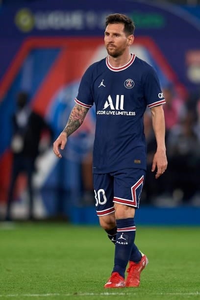 Leo Messi of PSG during the Ligue 1 Uber Eats match between Paris Saint Germain and Lyon at Parc des Princes on September 19, 2021 in Paris, France.