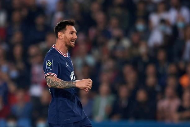 Leo Messi of PSG reacts during the Ligue 1 Uber Eats match between Paris Saint Germain and Lyon at Parc des Princes on September 19, 2021 in Paris,...