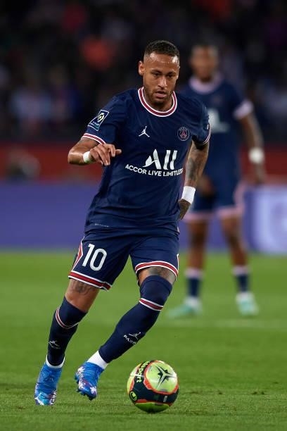 Neymar of PSG in action during the Ligue 1 Uber Eats match between Paris Saint Germain and Lyon at Parc des Princes on September 19, 2021 in Paris,...