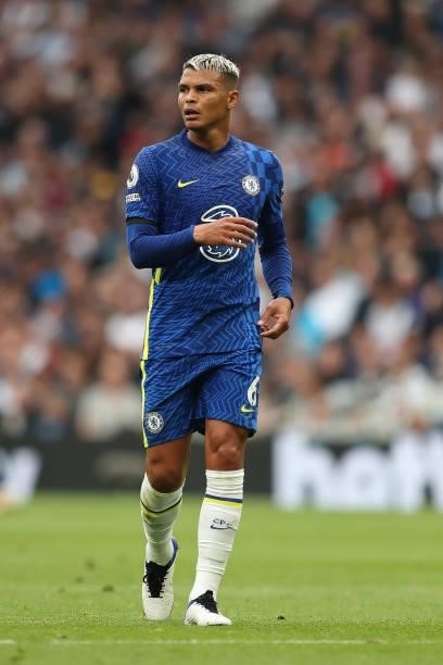 Thiago Silva of Chelsea during the Premier League match between Tottenham Hotspur and Chelsea at Tottenham Hotspur Stadium on September 19, 2021 in...