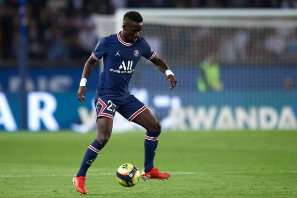 Idrissa Gueye of PSG in action during the Ligue 1 Uber Eats match between Paris Saint Germain and Lyon at Parc des Princes on September 19, 2021 in...