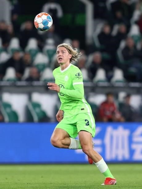 Wolfsburg's Belgian defender Sebastiaan Bornauw plays the ball during the German first division Bundesliga football match VfL Wolfsburg vs Eintracht...