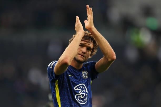 Marcos Alonso of Chelsea during the Premier League match between Tottenham Hotspur and Chelsea at Tottenham Hotspur Stadium on September 19, 2021 in...
