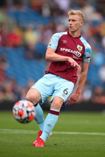 Ben Mee of Burnley during the Premier League match between Burnley and Arsenal at Turf Moor on September 18, 2021 in Burnley, England.