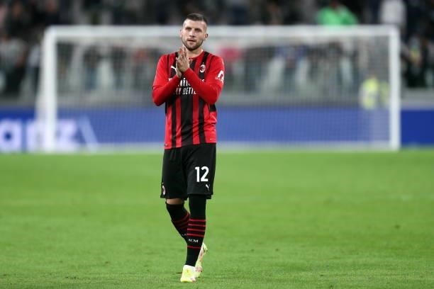 Ante Rebic of AC Milan gestures after the Serie A match between Juventus and AC Milan at Allianz Stadium on September 19, 2021 in Turin, Italy.