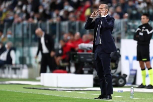 Massimiliano Allegri of Juventus FC look on during the Serie A match between Juventus and AC Milan at Allianz Stadium on September 19, 2021 in Turin,...