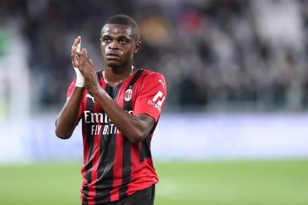 Pierre Kalulu of AC Milan gestures after the Serie A match between Juventus and AC Milan at Allianz Stadium on September 19, 2021 in Turin, Italy.