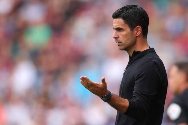 Mikel Arteta the head coach / manager of Arsenal during the Premier League match between Burnley and Arsenal at Turf Moor on September 18, 2021 in...