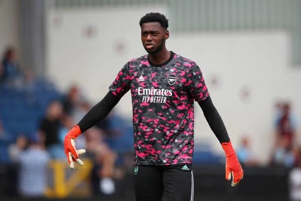 Arthur Okonkwo of Arsenal during the Premier League match between Burnley and Arsenal at Turf Moor on September 18, 2021 in Burnley, England.