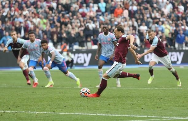 West Ham United's Mark Noble misses a late penalty during the Premier League match between West Ham United and Manchester United at London Stadium on...