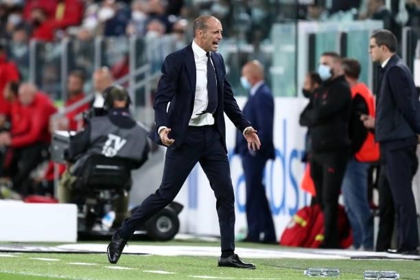 Massimiliano Allegri of Juventus FC gestures during the Serie A match between Juventus and AC Milan at Allianz Stadium on September 19, 2021 in...
