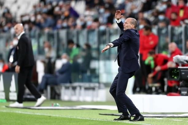 Massimiliano Allegri of Juventus FC gestures during the Serie A match between Juventus and AC Milan at Allianz Stadium on September 19, 2021 in...