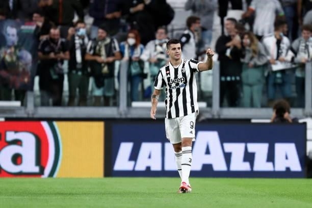 Alvaro Morata of Juventus FC celebrates after scoring his team's first goal during the Serie A match between Juventus and AC Milan at Allianz Stadium...