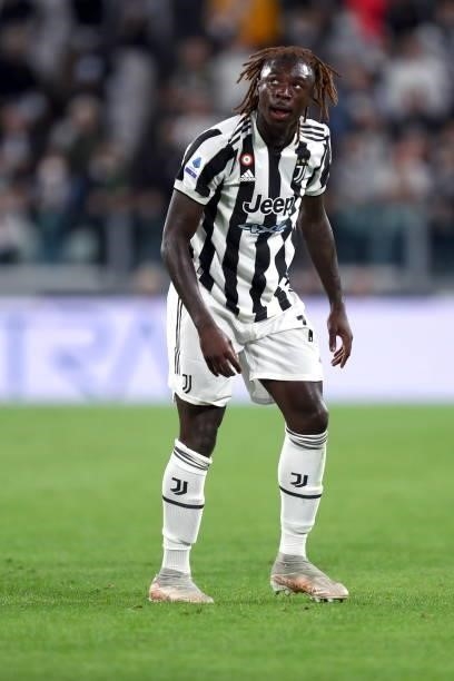 Moise Kean of Juventus FC look on during the Serie A match between Juventus and AC Milan at Allianz Stadium on September 19, 2021 in Turin, Italy.