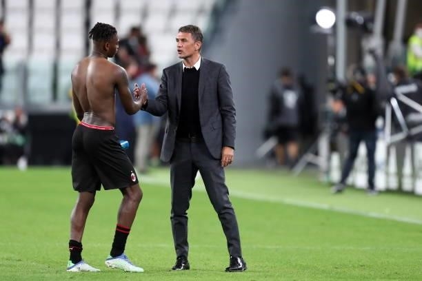 Rafael Leao of AC Milan and Paolo Maldini of AC Milan celebrate after winning after the Serie A match between Juventus and AC Milan at Allianz...
