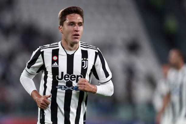 Federico Chiesa of Juventus FC look on during the Serie A match between Juventus and AC Milan at Allianz Stadium on September 19, 2021 in Turin,...