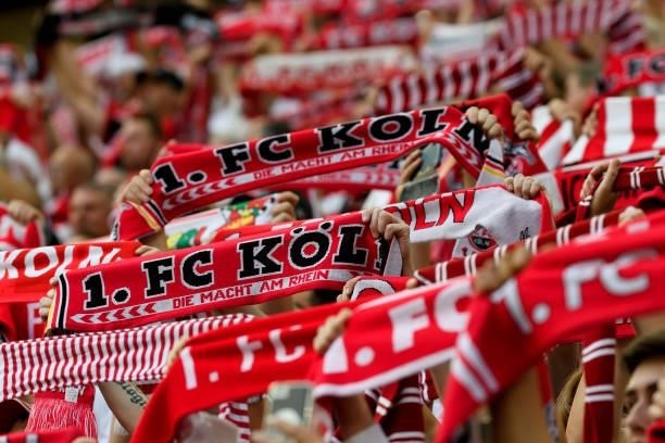 Supporters of Koeln during the Bundesliga match between 1. FC Koeln and RB Leipzig at RheinEnergieStadion on September 18, 2021 in Cologne, Germany.