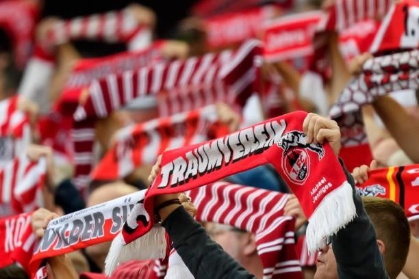 Supporters of Koeln during the Bundesliga match between 1. FC Koeln and RB Leipzig at RheinEnergieStadion on September 18, 2021 in Cologne, Germany.