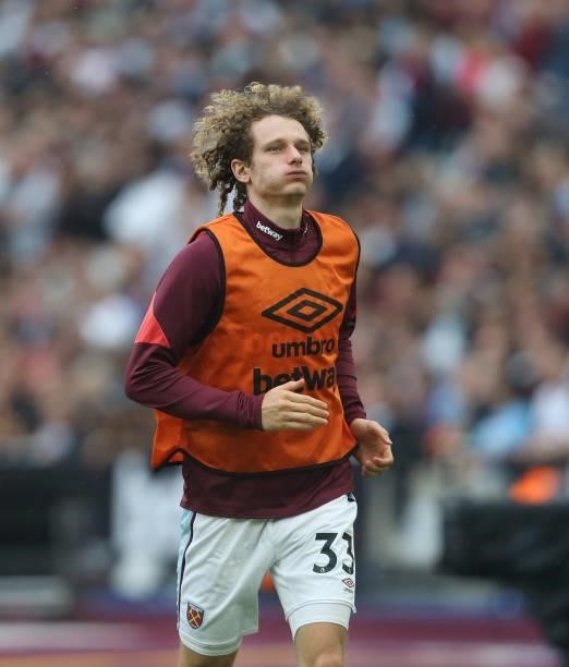 West Ham United's Alex Kral during the Premier League match between West Ham United and Manchester United at London Stadium on September 19, 2021 in...