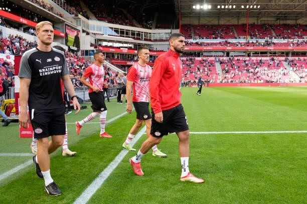 Jens Wissing of PSV, Maximiliano Romero of PSV during the warming up during the Dutch Eredivisie match between PSV v Feyenoord at the Philips Stadium...