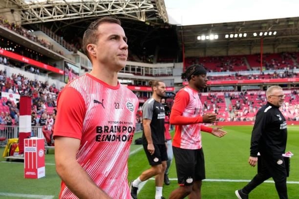 Mario Gotze of PSV during the warming up during the Dutch Eredivisie match between PSV v Feyenoord at the Philips Stadium on September 19, 2021 in...
