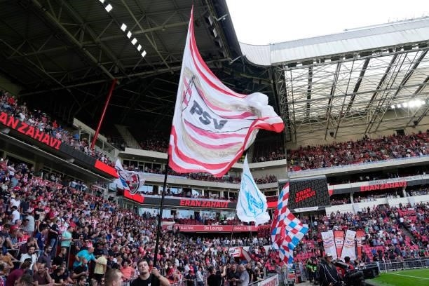 Supporters of PSV during the Dutch Eredivisie match between PSV v Feyenoord at the Philips Stadium on September 19, 2021 in Eindhoven Netherlands