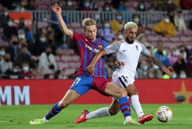 Frenkie de Jong and Monchu during the match between FC Barcelona and Granada CF, corresponding to the week 5 of the group A of the Liga Santander,...