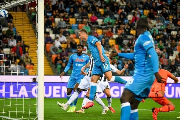 Amir Rrahmani scores a goal during the Italian football Serie A match Udinese Calcio vs SSC Napoli on September 20, 2021 at the Friuli - Dacia Arena...
