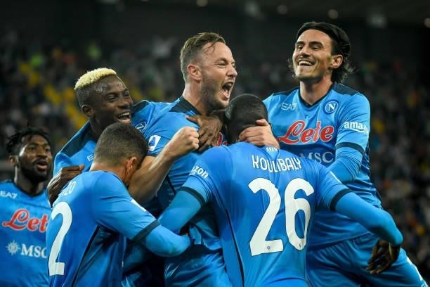Amir Rrahmani celebrates after scoring a goal during the Italian football Serie A match Udinese Calcio vs SSC Napoli on September 20, 2021 at the...