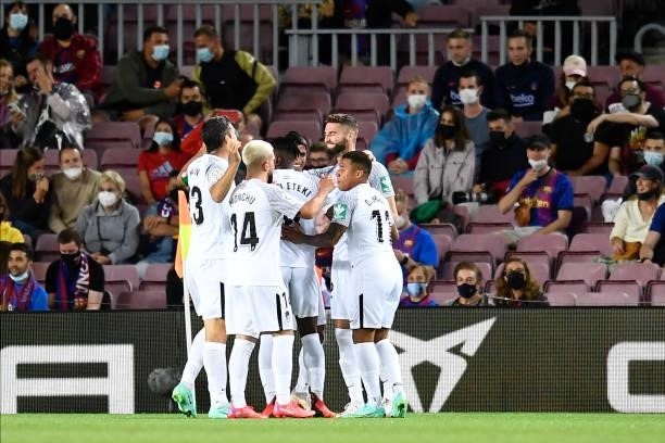 Domingos Duarte of Granada celebrates after scoring his sides first goal during the La Liga Santander match between FC Barcelona and Granada CF at...