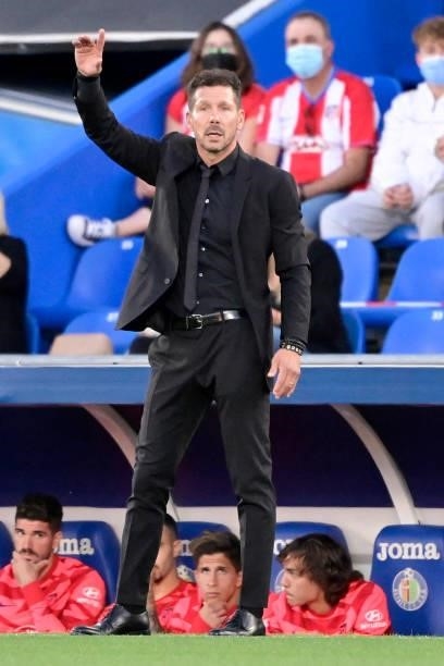 Atletico Madrid's Argentinian coach Diego Simeone reacts during the Spanish League football match between Getafe CF and Club Atletico de Madrid at...