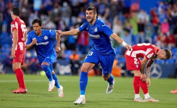 Mitrovic of Getafe CF celebrates after scoring his team's first goal during the LaLiga Santander match between Getafe CF and Club Atletico de Madrid...