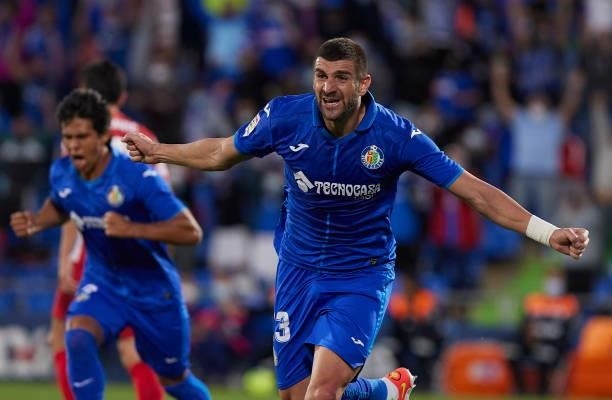 Mitrovic of Getafe CF celebrates after scoring his team's first goal during the LaLiga Santander match between Getafe CF and Club Atletico de Madrid...
