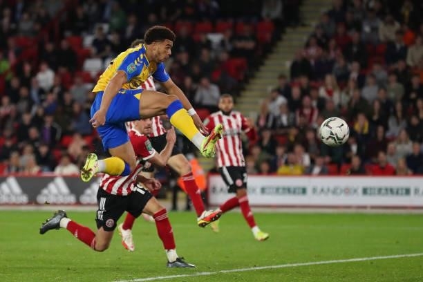 Che Adams of Southampton has a shot on goal during the Carabao Cup Third Round match between Sheffield United and Southampton at Bramall Lane on...